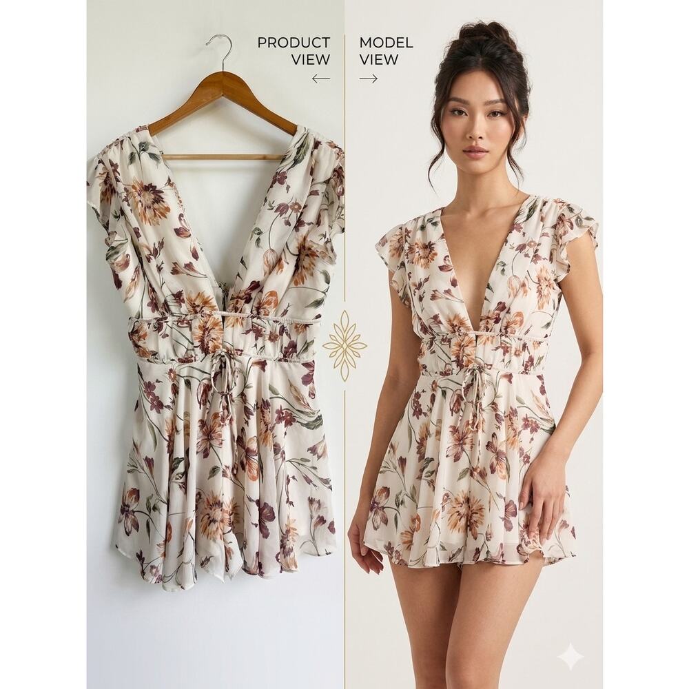 Lulus Flirty Ways Cream Floral Flutter Sleeve V-Neck Boho Chic Romper Size Large